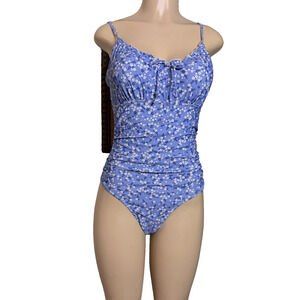 Womens Blue Floral One Piece Swimsuit Ruched Tie Front Adjustble Straps Size M